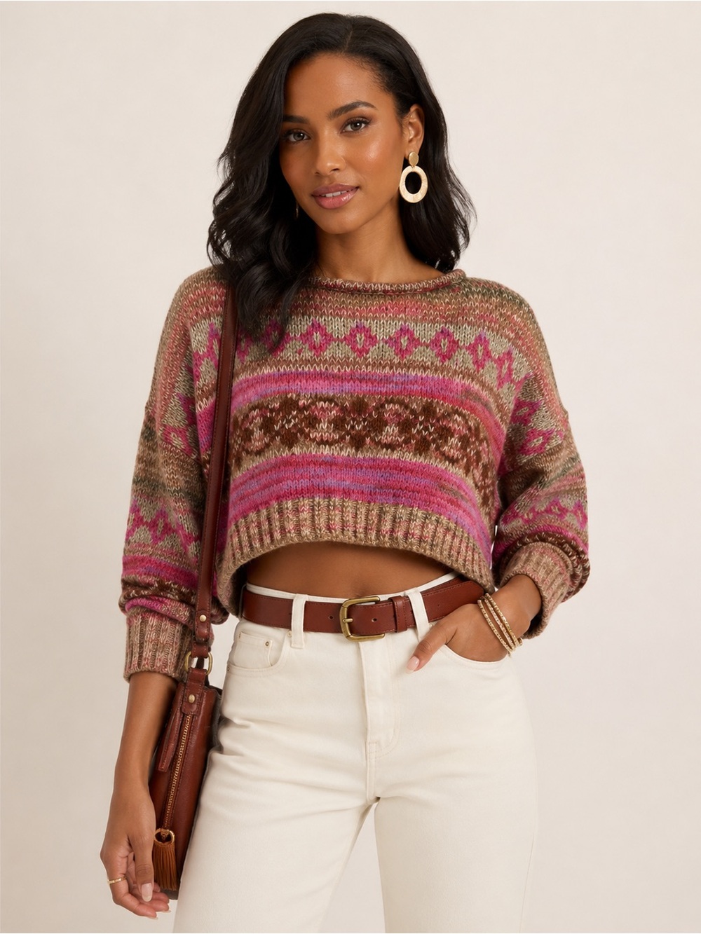Urban Outfitters Cropped Boat Neck Fair Isle Sweater Pink Tan Marled Knit Size L